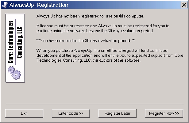 AlwaysUp Registration Dialog - Windows Service Setup