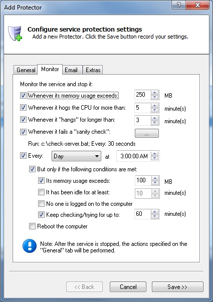 Auto-restart your windows service: Monitor settings