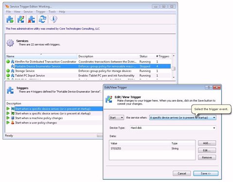 Service Trigger Editor managing trigger start services