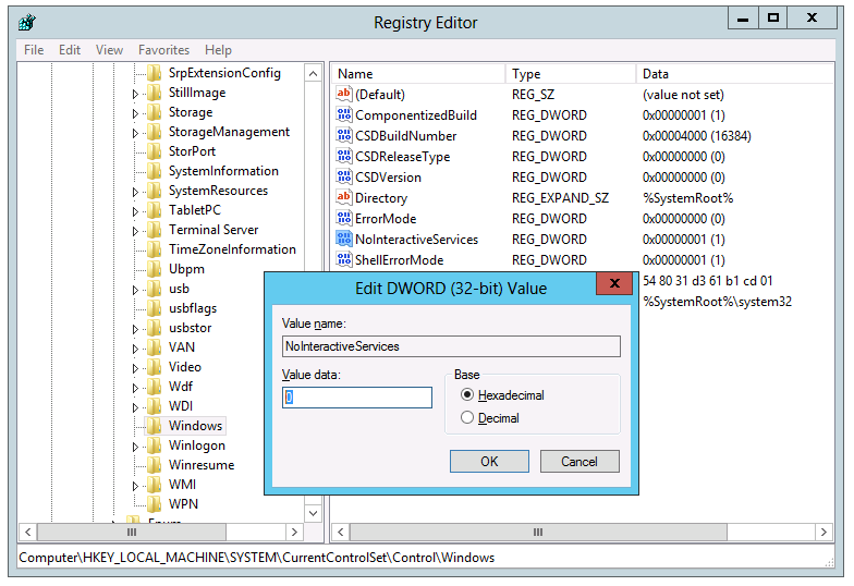 Enable Interactive Services with the NoInteractiveServices registry value