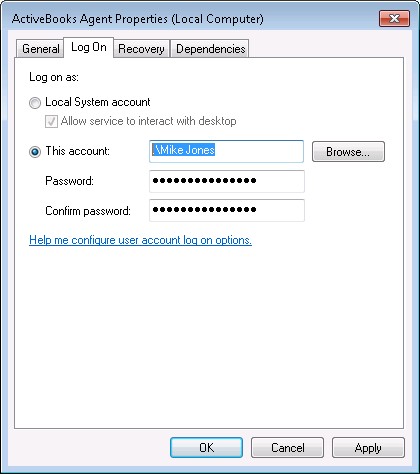 Windows Services Control Panel: Log On tab