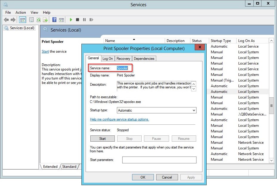 Windows Services Control Panel Applet Properties (Windows Server 2012)