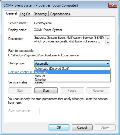 Windows Services Control Panel: Startup Type