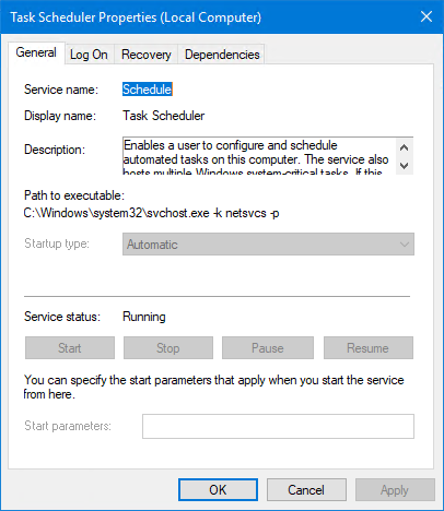 Task Scheduler Windows Service Properties