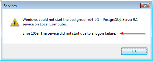 Windows Service Error 1069