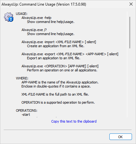 AlwaysUp command line help (click to enlarge) AlwaysUp command line help