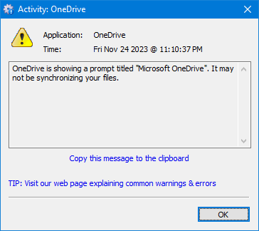 Warning: OneDrive is showing a prompt