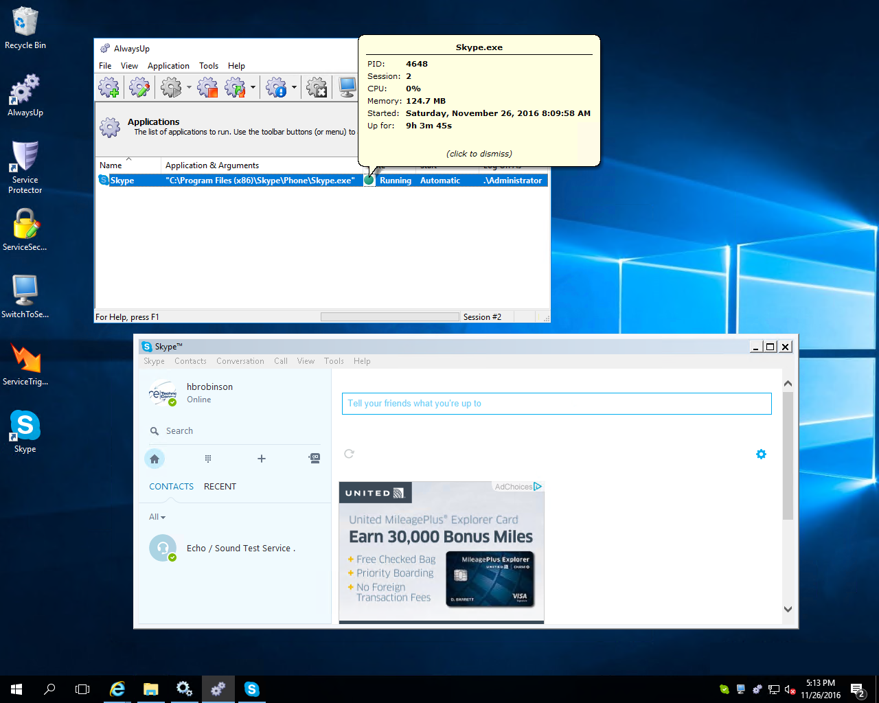 AlwaysUp running Skype on Windows Server 2016