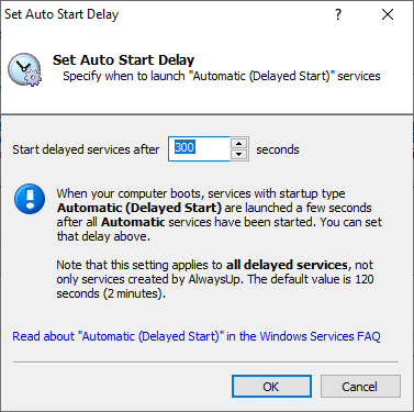 Set Auto Start Delay in AlwaysUp