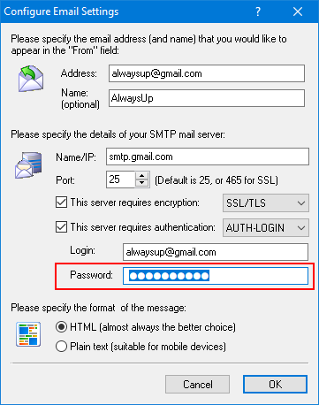 AlwaysUp: Set the Email Password
