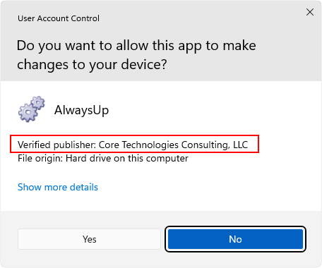 AlwaysUp verified by User Account Control