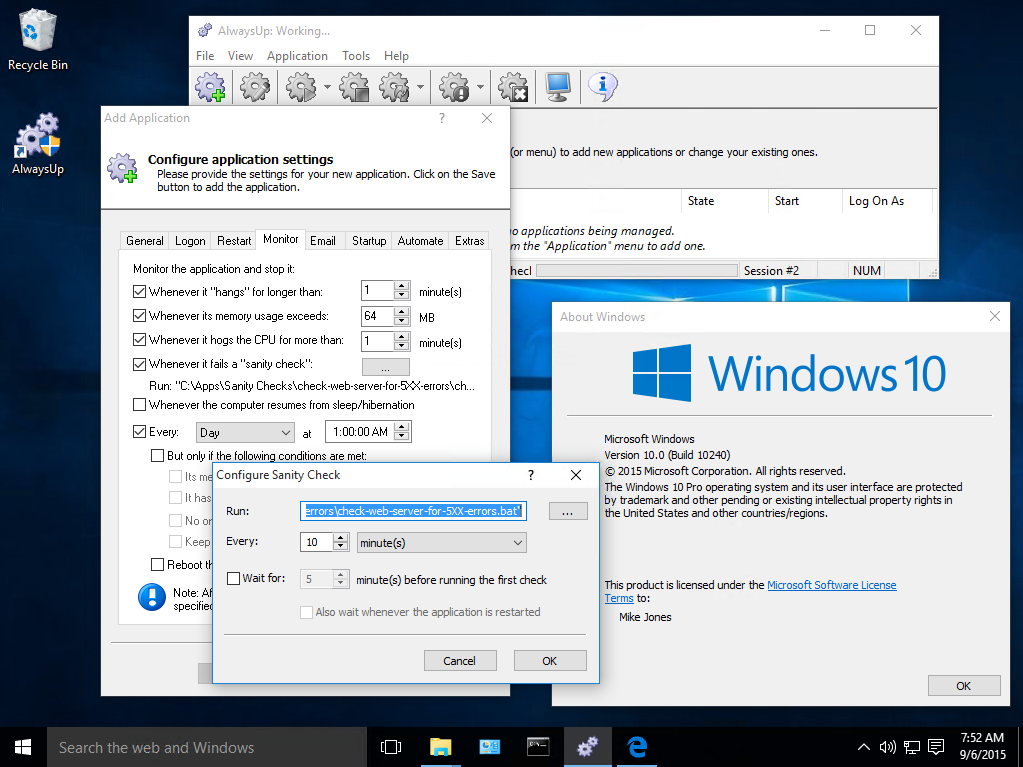 Testing AlwaysUp on Windows 10