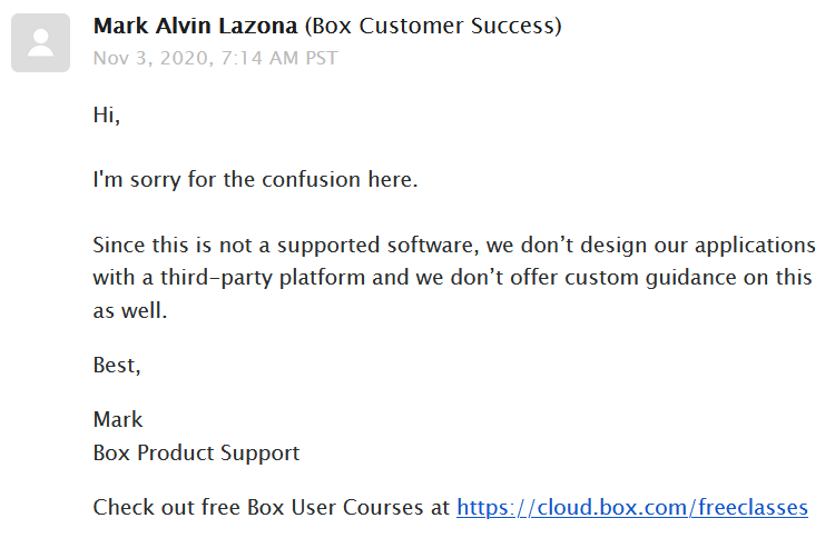 Response from the Box customer success team