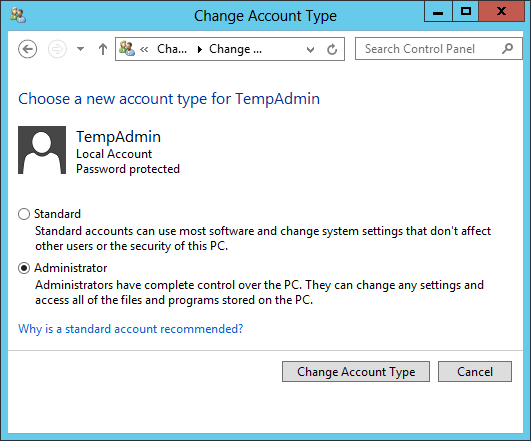 Change Account Type to Administrator
