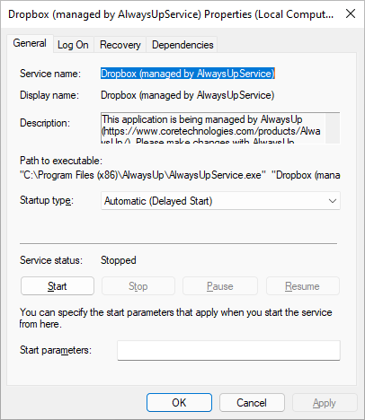 Dropbox AlwaysUp Windows Service