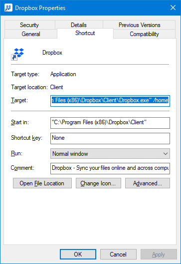 Dropbox Desktop Shortcut Properties
