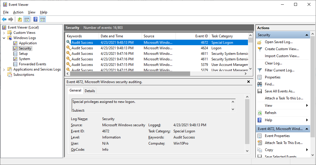 Event Viewer: Windows Security log