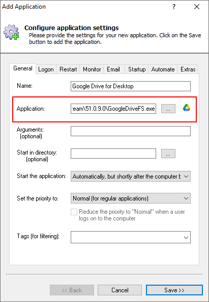Google Drive application path in AlwaysUp