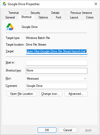 Google Drive desktop shortcut: Properties