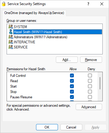 Hazel Smith's permissions to the OneDrive Windows Service