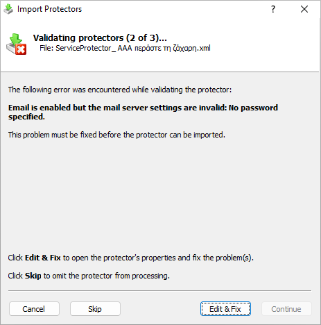 Import Protectors: No email password error