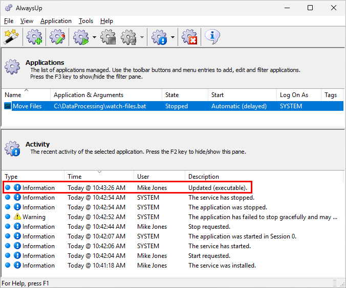 Mike Jones updated the AlwaysUp application's executable path (click to enlarge) Mike Jones updated the AlwaysUp application's executable path