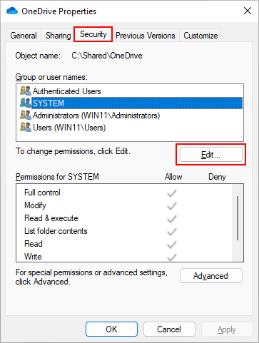 Edit OneDrive Security