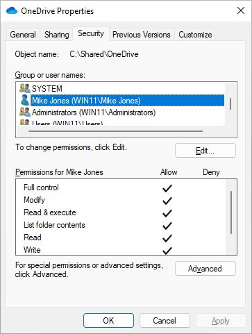 OneDrive folder security updated