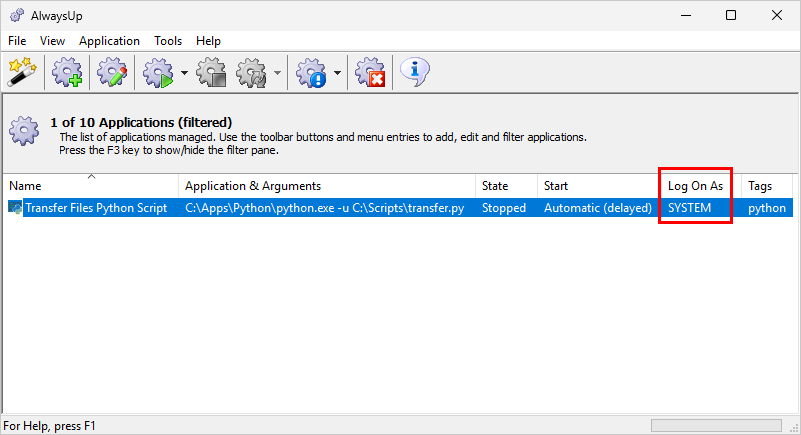 Python script set to log on as the SYSTEM account (click to enlarge) Python script set to log on as the SYSTEM account