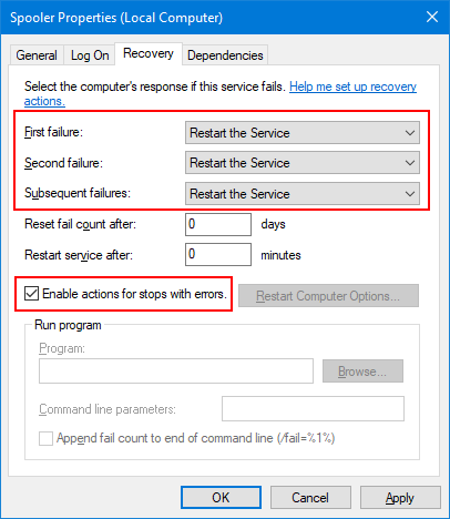 Recovery Tab: Recommended settings