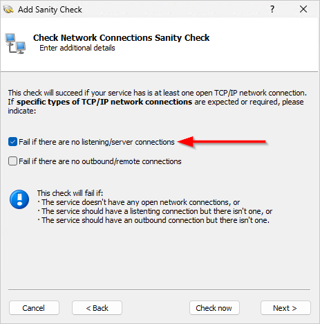 Check that your service always has a network connection (click to enlarge) Check that your service always has a network connection