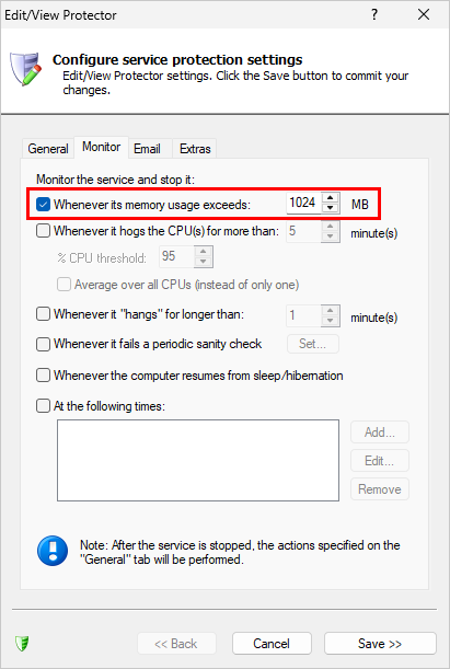 Set the memory threshold for your service (click to enlarge) Set the memory threshold for your service