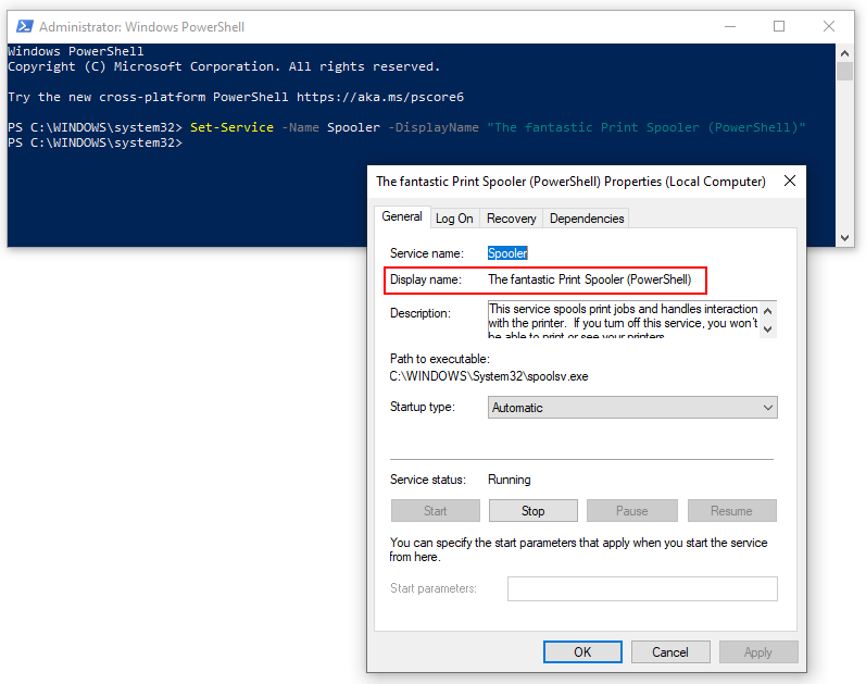 Spooler service Display name updated with PowerShell
