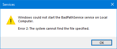 You can't start a service with a bad path