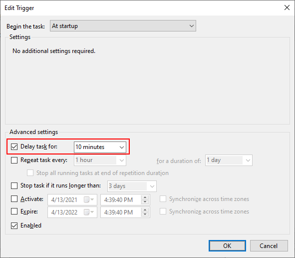Start Spooler service task: Edit Trigger