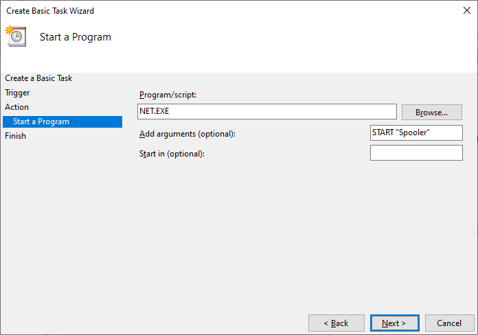 Start Spooler service task: Run NET START