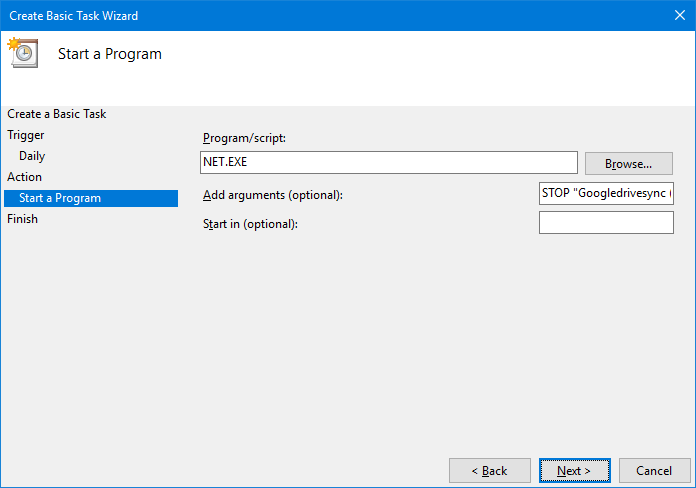 Stop Backup and Sync Service Task: Run NET Command