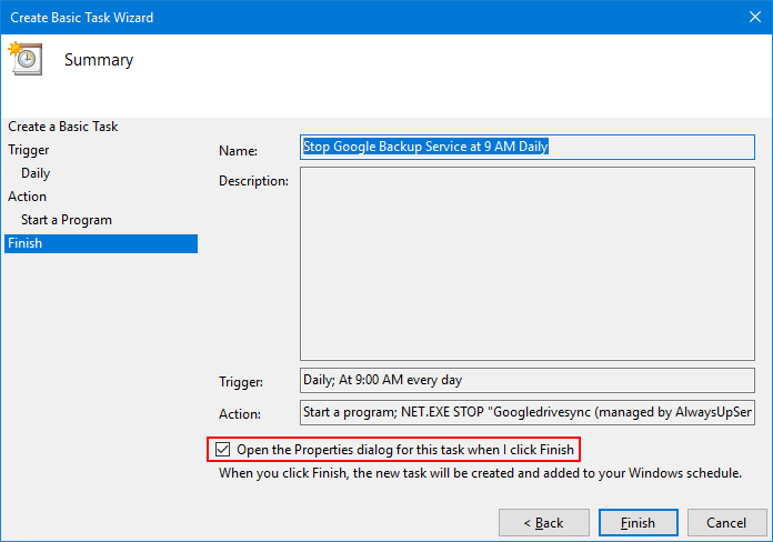 Stop Backup and Sync Service Task: Summary