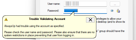 Trouble Validating Account error message (click to enlarge) Trouble Validating Account error message