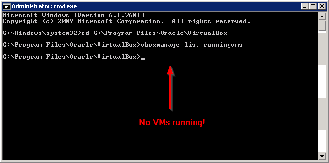 VBoxManage list runningvms - No VMs running