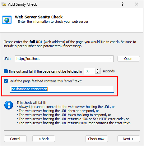 AlwaysUp catches web server error messages (click to enlarge) AlwaysUp catches web server error messages