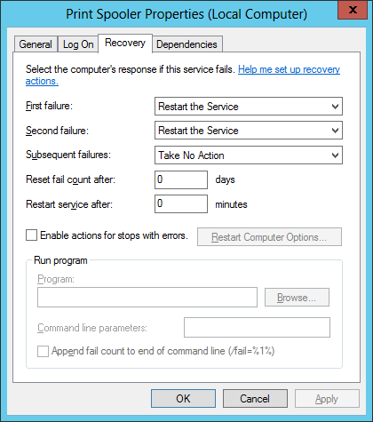 Windows Service Recovery Tab