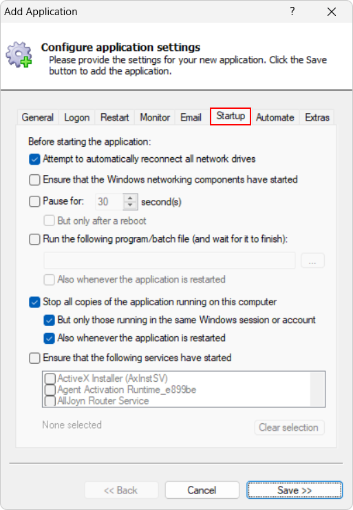 Access 2021 Windows Service: Startup Tab