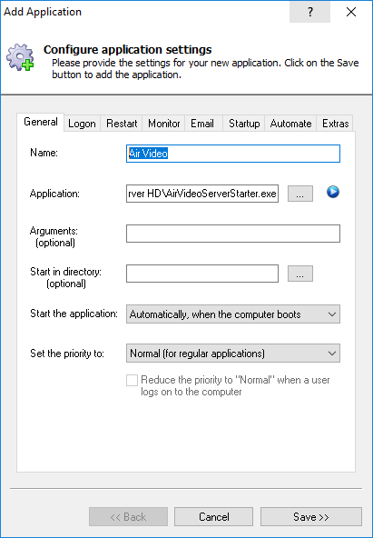 Air Video HD Windows Service: General Tab