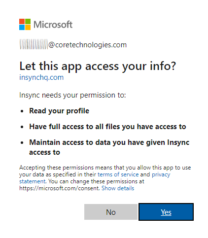 Allow Insync to access OneDrive