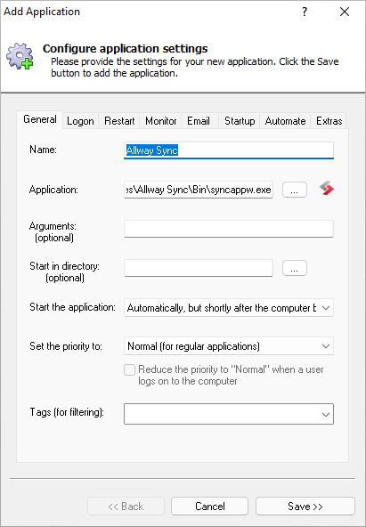 Allway Sync Windows Service: General Tab