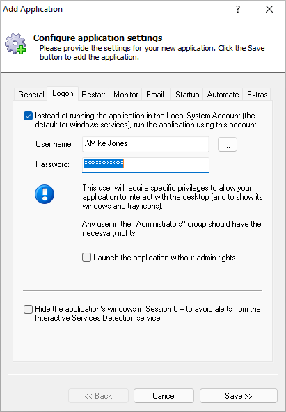 Allway Sync Windows Service: Logon Tab