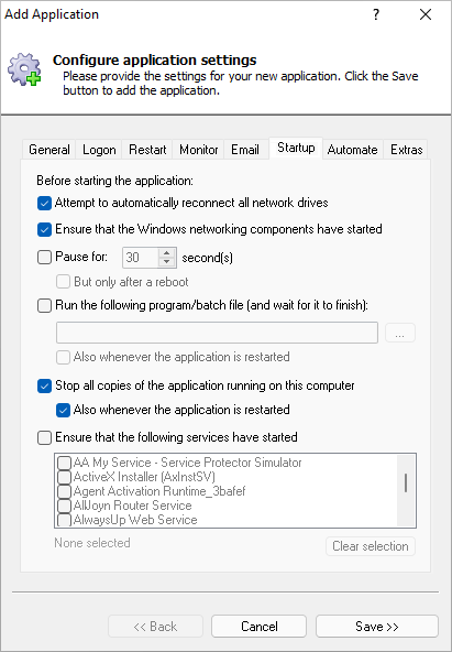 Allway Sync Windows Service: Startup Tab