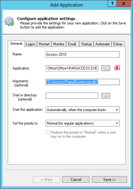 Access 2010 Windows Service: General Tab