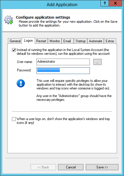 Access 2010 Windows Service: Logon Tab
